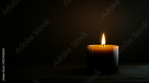 Single black candle burning in darkness on wooden surface. Minimal banner with copy space 