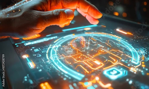 A hand interacts with a glowing digital interface, showcasing technology.