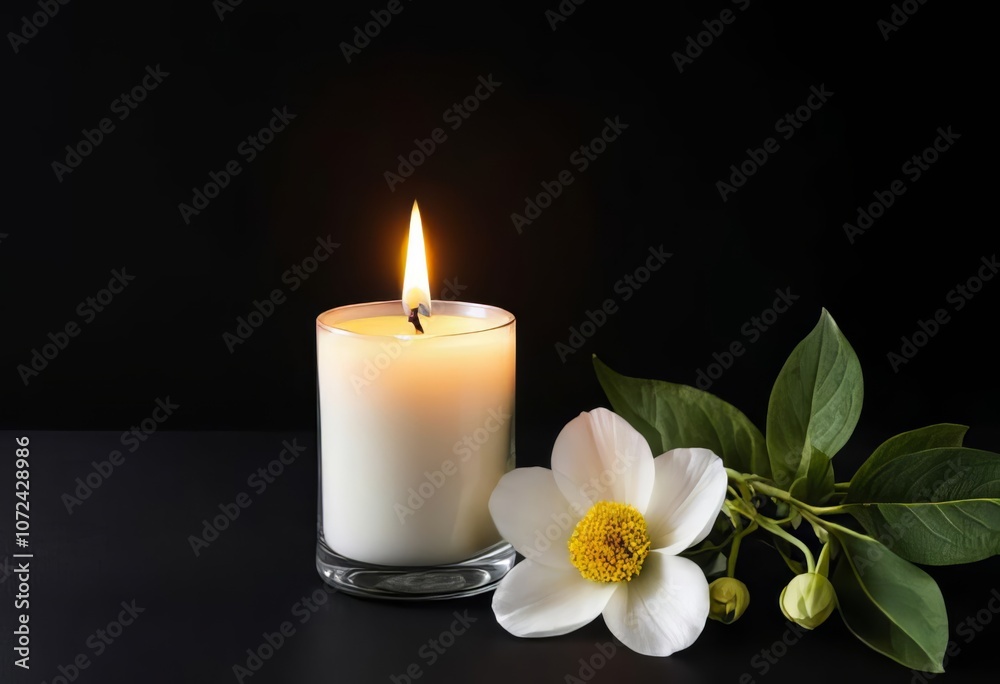 A lit candle in a glass jar with a flower next to it, against a black background A lit candle in a glass jar with a flower next to it, against a black background