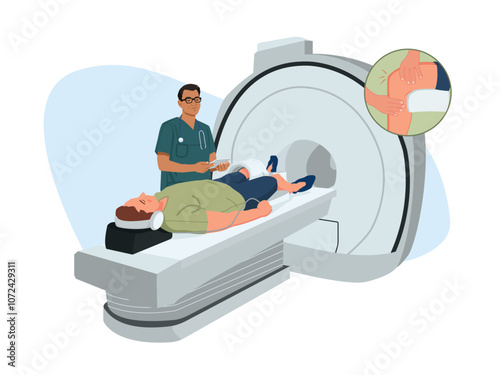 A patient having an MRI on his knee and a doctor next to him.