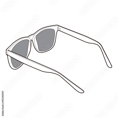 Wayfarer-style sunglasses vector illustration in black and white, viewed from behind, focusing on the frame's arms and design.

