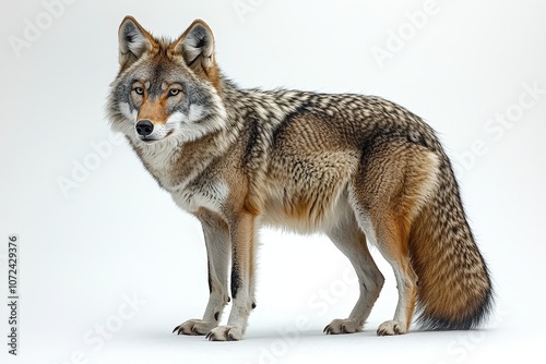 Majestic coyote with striking fur patterns in studio lighting on white background