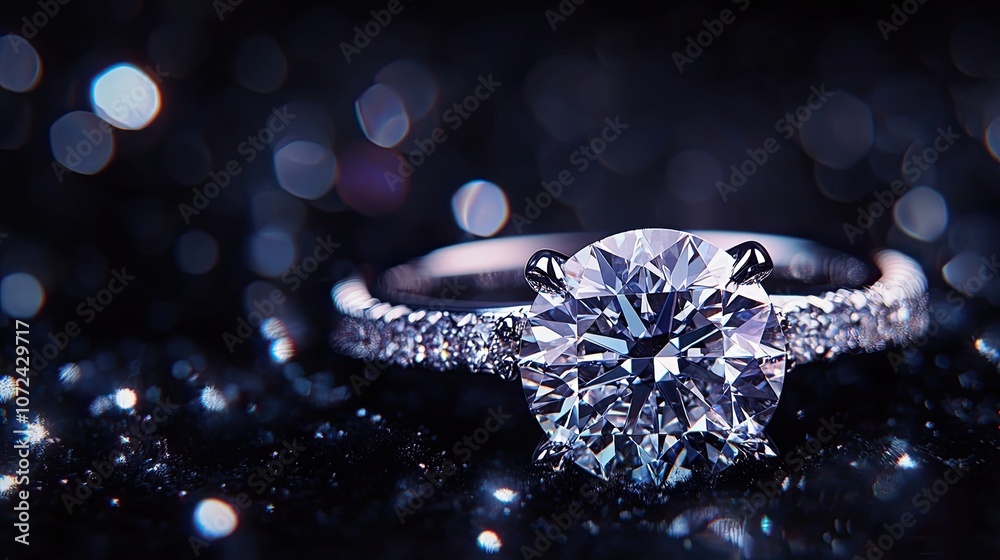 A close-up view of an intricately designed diamond ring, showcasing its sparkling brilliance against a dark velvet background. A close-up view of an intricately designed diamond ring, showcasing its sparkling brilliance against a dark velvet background.