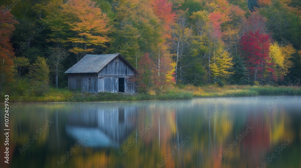 Beautiful Autumn Landscape with Golden and Copper Trees Misty Lake and Farmhouse Wallpaper Generative AI Beautiful Autumn Landscape with Golden and Copper Trees Misty Lake and Farmhouse Wallpaper Generative AI