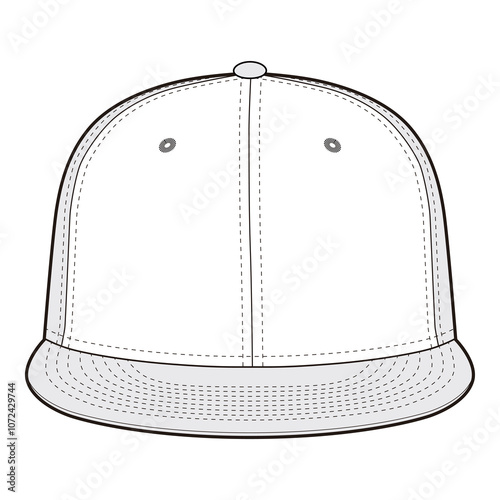 Front view vector illustration of a flat-brim cap in black and white, showing the front panel and brim in a minimalist design.
