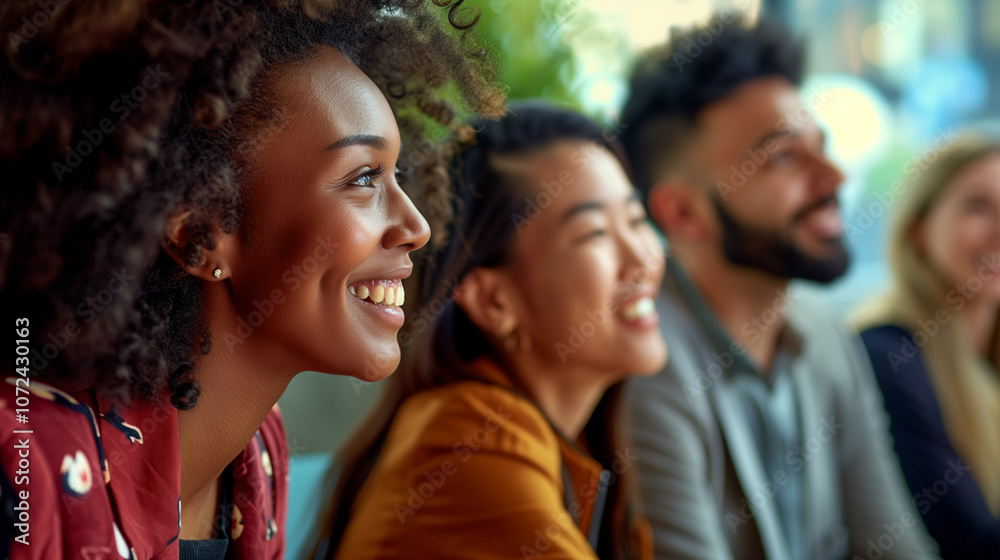 Diverse and inclusive group of office colleagues smiling at a team building workshop event, workplace race inclusion and diversity concept Diverse and inclusive group of office colleagues smiling at a team building workshop event, workplace race inclusion and diversity concept