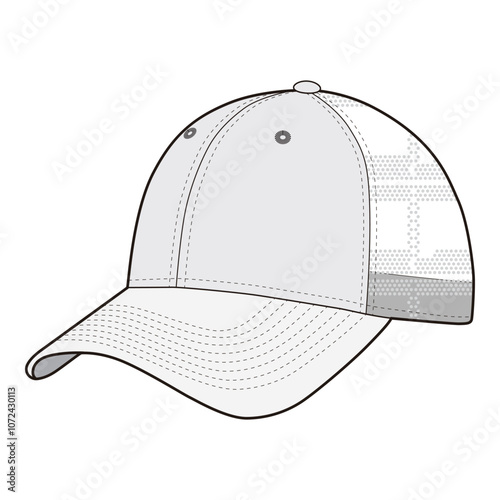 Back view of a baseball cap with an adjustable hook-and-loop strap in black and white vector format, emphasizing stitching and structure.
