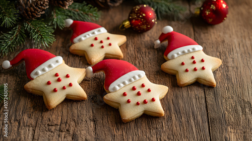 Close-up of Christmas cookies shaped like stars and gingerbread men on a wooden table with holiday decorations, copy space 
