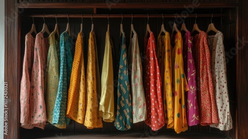 A collection of colorful kurtis displayed on a wooden rack, highlighting different patterns.