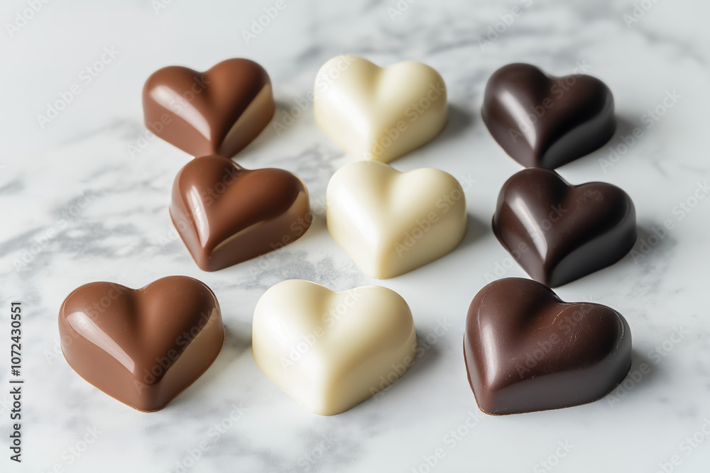 Assortment of heart-shaped chocolates in dark, milk, and white varieties on a marble surface, Chocolate Day celebration, highlighting gourmet quality, elegant design, romantic gift ideas Assortment of heart-shaped chocolates in dark, milk, and white varieties on a marble surface, Chocolate Day celebration, highlighting gourmet quality, elegant design, romantic gift ideas