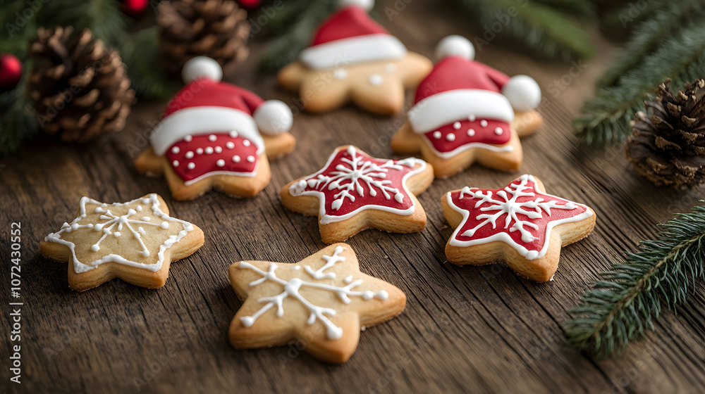 Close-up of Christmas cookies shaped like stars and gingerbread men on a wooden table with holiday decorations, copy space Close-up of Christmas cookies shaped like stars and gingerbread men on a wooden table with holiday decorations, copy space