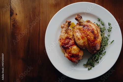 Two Roasted Chicken Legs with Thyme on a White Plate photo