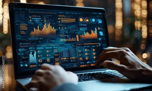 Hands interacting with a data analytics dashboard on a laptop.