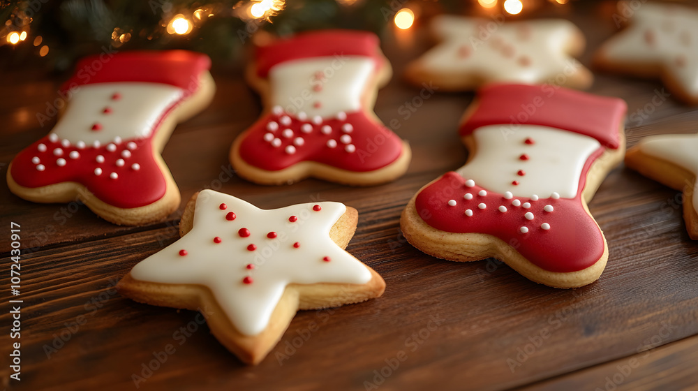 Close-up of Christmas cookies shaped like stars and gingerbread men on a wooden table with holiday decorations, copy space Close-up of Christmas cookies shaped like stars and gingerbread men on a wooden table with holiday decorations, copy space