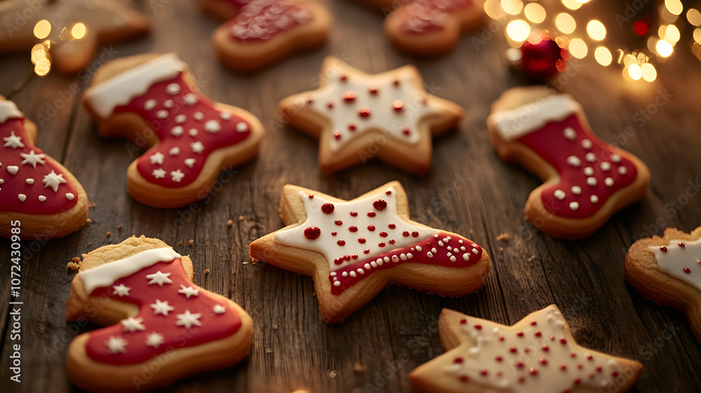 Close-up of Christmas cookies shaped like stars and gingerbread men on a wooden table with holiday decorations, copy space Close-up of Christmas cookies shaped like stars and gingerbread men on a wooden table with holiday decorations, copy space