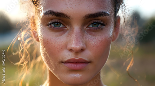 A dedicated woman sweating during an outdoor fitness session, staying motivated and focused on her health and fitness journey  photo