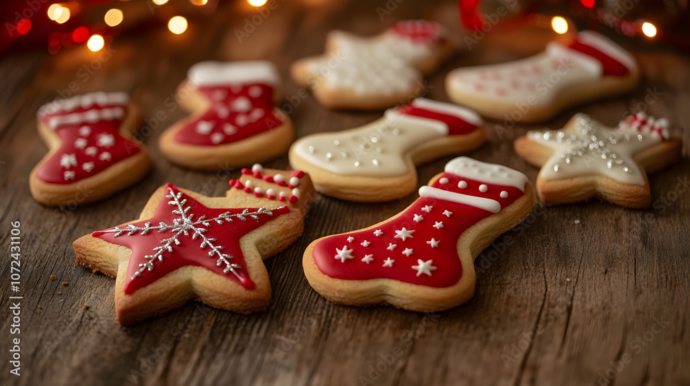 Close-up of Christmas cookies shaped like stars and gingerbread men on a wooden table with holiday decorations, copy space 