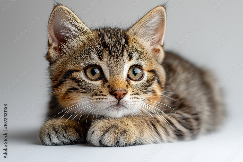 Obraz premium Adorable tabby kitten lying on white surface with curious expression