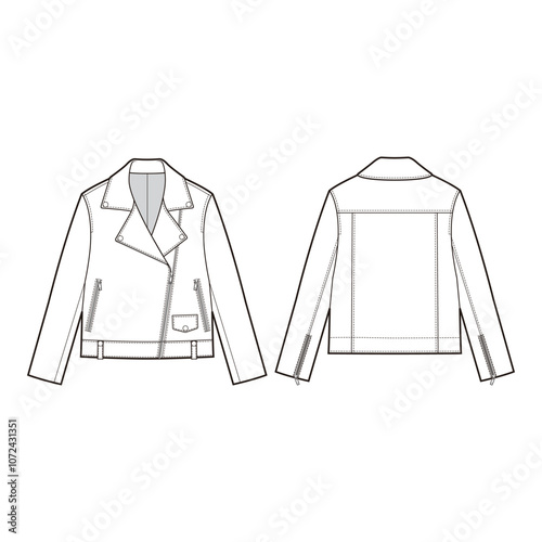 Leather Jacket Flat Sketch - Front and Back View
