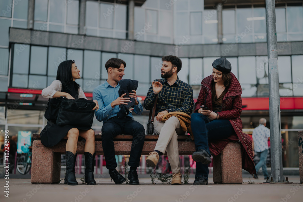 Fototapeta premium A group of young professionals engaging in a lively conversation while seated on a bench in an urban environment. They appear casual and relaxed, suggesting a moment between business activities.