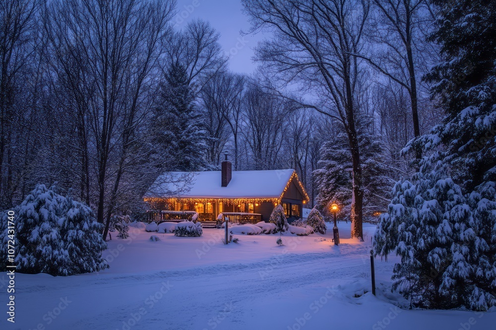 A snow-covered house with twinkling lights in a wintery forest