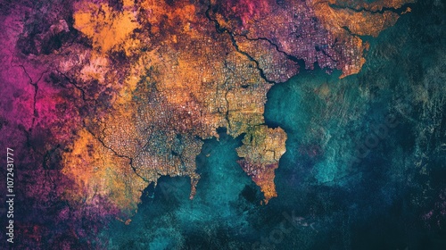 A colorful map of Gujarat overlaid on a textured background, emphasizing major cities and rivers.