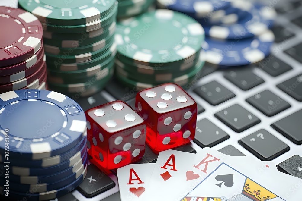 Stacks of poker chips, red dice, and playing cards on a laptop keyboard, symbolizing online gambling and casino gaming in a digital era. Stacks of poker chips, red dice, and playing cards on a laptop keyboard, symbolizing online gambling and casino gaming in a digital era.