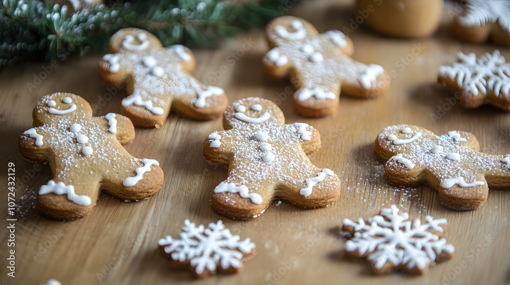 Close-up of Christmas cookies shaped like stars and gingerbread men on a wooden table with holiday decorations, copy space Close-up of Christmas cookies shaped like stars and gingerbread men on a wooden table with holiday decorations, copy space