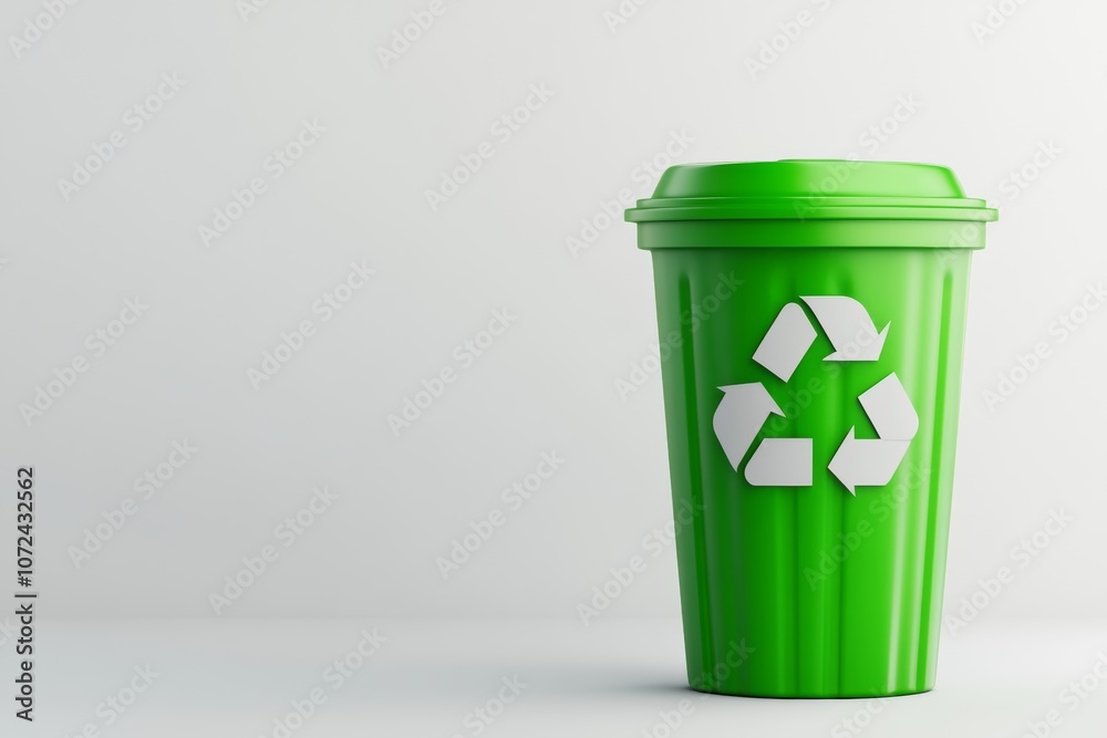 Green trash can with a white recycling symbol on it. The image conveys the importance of recycling and taking care of the environment Green trash can with a white recycling symbol on it. The image conveys the importance of recycling and taking care of the environment