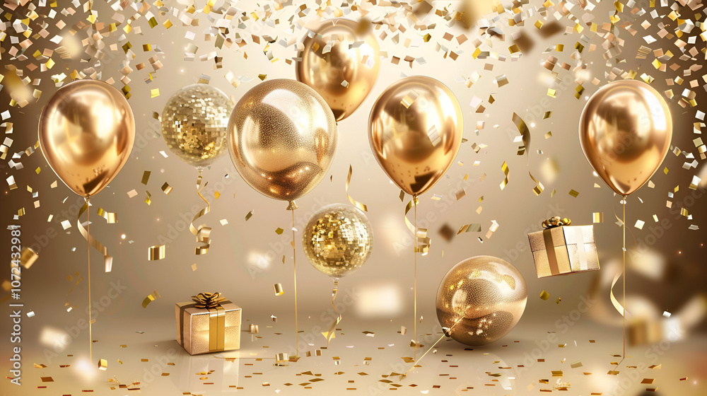 Happy new year 2025 golden balloons with gold confetti gifts and mirror ball on a beige background luxury balloons Happy new year 2025 golden balloons with gold confetti gifts and mirror ball on a beige background luxury balloons