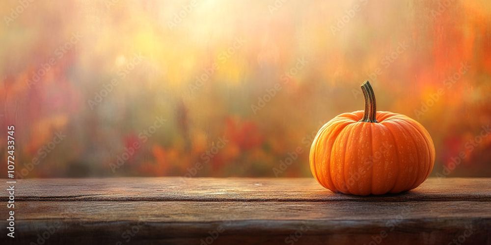 Single Pumpkin on Wooden Table with Autumn Background Single Pumpkin on Wooden Table with Autumn Background