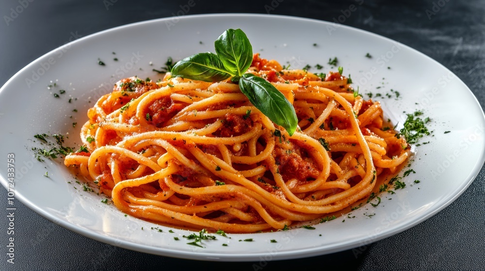 Plate of spaghetti with basil and cheese on top. The plate is white and the food is red Plate of spaghetti with basil and cheese on top. The plate is white and the food is red