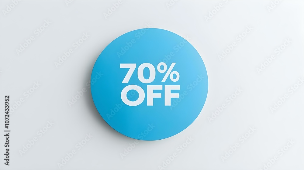 White '70% OFF' Text on a Blue Round Paper Note. White Background with Copy Space White '70% OFF' Text on a Blue Round Paper Note. White Background with Copy Space
