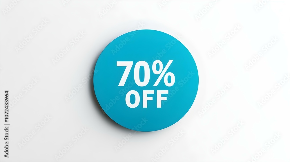 White '70% OFF' Text on a Blue Round Paper Note. White Background with Copy Space White '70% OFF' Text on a Blue Round Paper Note. White Background with Copy Space
