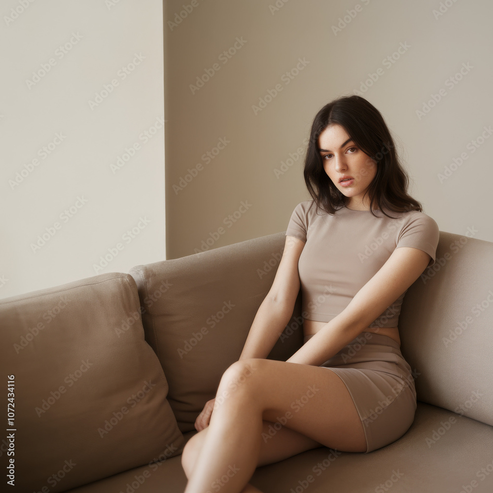 Young woman in beige outfit on neutral sofa. Minimalist portrait of woman in natural lighting. Young woman in beige outfit on neutral sofa. Minimalist portrait of woman in natural lighting.