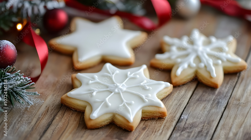 Close-up of Christmas cookies shaped like stars and gingerbread men on a wooden table with holiday decorations, copy space Close-up of Christmas cookies shaped like stars and gingerbread men on a wooden table with holiday decorations, copy space