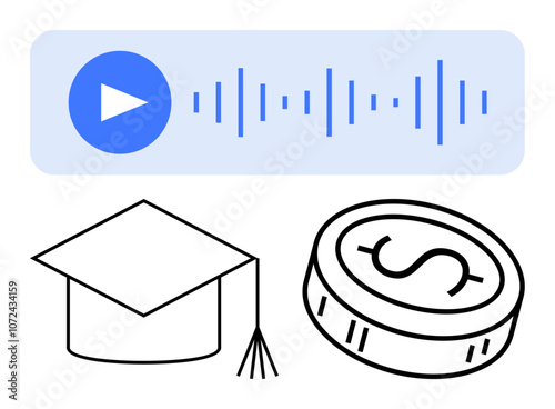 Media play button above audio waveform, graduation cap, and coin icon. Ideal for educational podcasts, financial planning, e-learning, online courses, financial literacy, digital content training