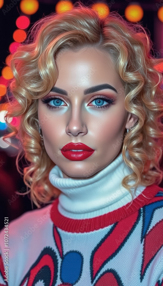Stylish young woman with long curly blonde hair in white turtleneck with red and blue pattern looking at camera with bright makeup and barely noticeable smile on blurred background Stylish young woman with long curly blonde hair in white turtleneck with red and blue pattern looking at camera with bright makeup and barely noticeable smile on blurred background