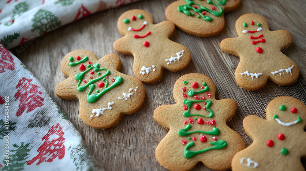 Close-up of Christmas cookies shaped like stars and gingerbread men on a wooden table with holiday decorations, copy space Close-up of Christmas cookies shaped like stars and gingerbread men on a wooden table with holiday decorations, copy space