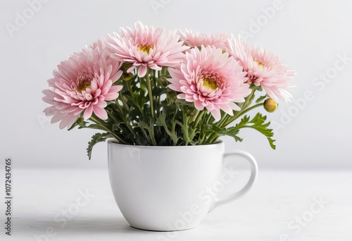 Wallpaper Mural A white cup with pink chrysanthemums inside, placed on a white background Torontodigital.ca