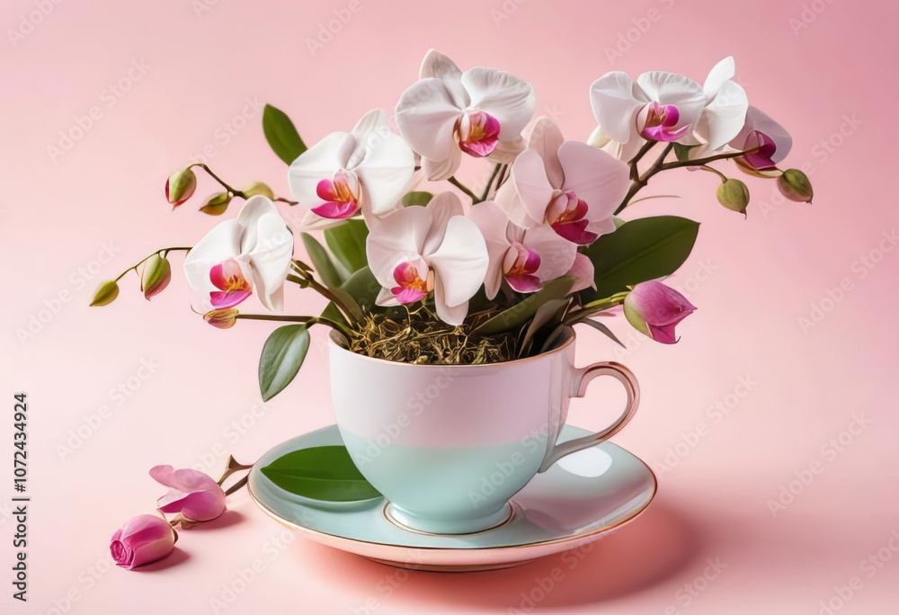 A teacup filled with roses and orchids on a pastel pink background A teacup filled with roses and orchids on a pastel pink background
