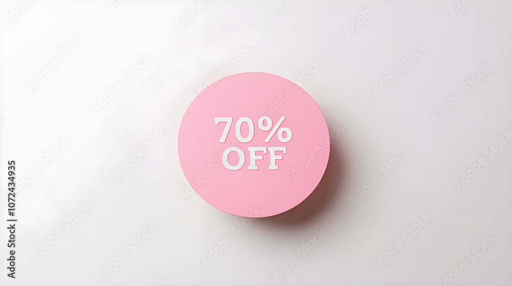 White '70% OFF' Text on a Blush Round Paper Note. White Background with Copy Space White '70% OFF' Text on a Blush Round Paper Note. White Background with Copy Space
