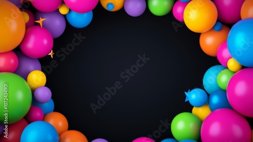 Colorful frame of balloons with a black background. The balloons are of different colors and sizes, and they are arranged in a circular pattern. The frame is designed to create a sense of fun