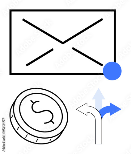 Envelope with notification circle, dollar coin, and split arrow for choices. Ideal for business strategy, financial planning, email notifications, decision making, economics, communication