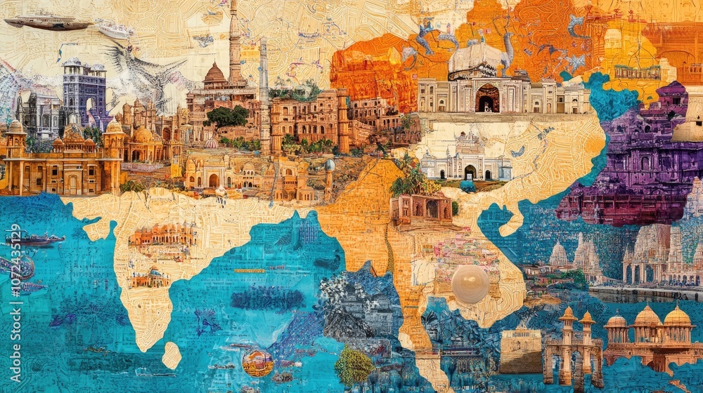Naklejka premium A creative collage of Gujarat's map intertwined with traditional art motifs and patterns.