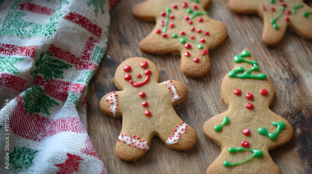 Close-up of Christmas cookies shaped like stars and gingerbread men on a wooden table with holiday decorations, copy space Close-up of Christmas cookies shaped like stars and gingerbread men on a wooden table with holiday decorations, copy space