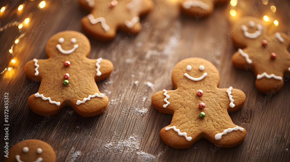 Close-up of Christmas cookies shaped like stars and gingerbread men on a wooden table with holiday decorations, copy space Close-up of Christmas cookies shaped like stars and gingerbread men on a wooden table with holiday decorations, copy space