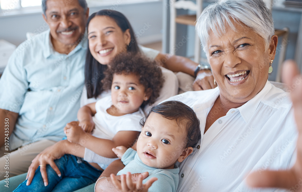 Generations, love and selfie with family on sofa in living room of home together for bonding or memory. Happy, laughing or smile with grandparents, mother and children in apartment for photograph Generations, love and selfie with family on sofa in living room of home together for bonding or memory. Happy, laughing or smile with grandparents, mother and children in apartment for photograph