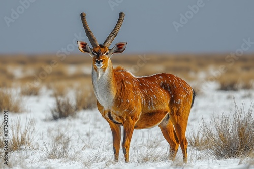 Majestic deer with spiral horns standing in snowy wilderness photo