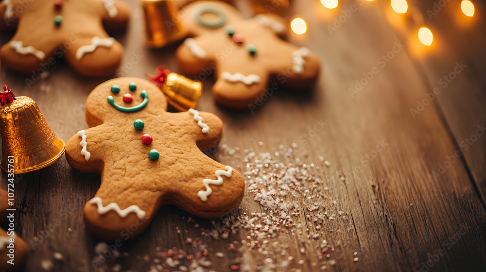 Close-up of Christmas cookies shaped like stars and gingerbread men on a wooden table with holiday decorations, copy space Close-up of Christmas cookies shaped like stars and gingerbread men on a wooden table with holiday decorations, copy space
